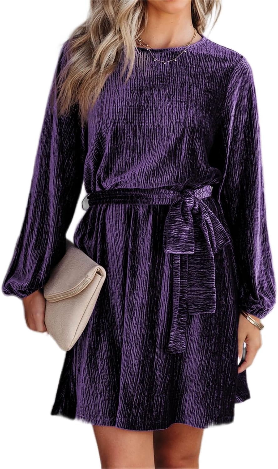 Happy Sailed Women's Velvet Dress Fall Fashion Lantern Sleeve High Waist A-Line Skater Cocktail Party Dresses with Belt