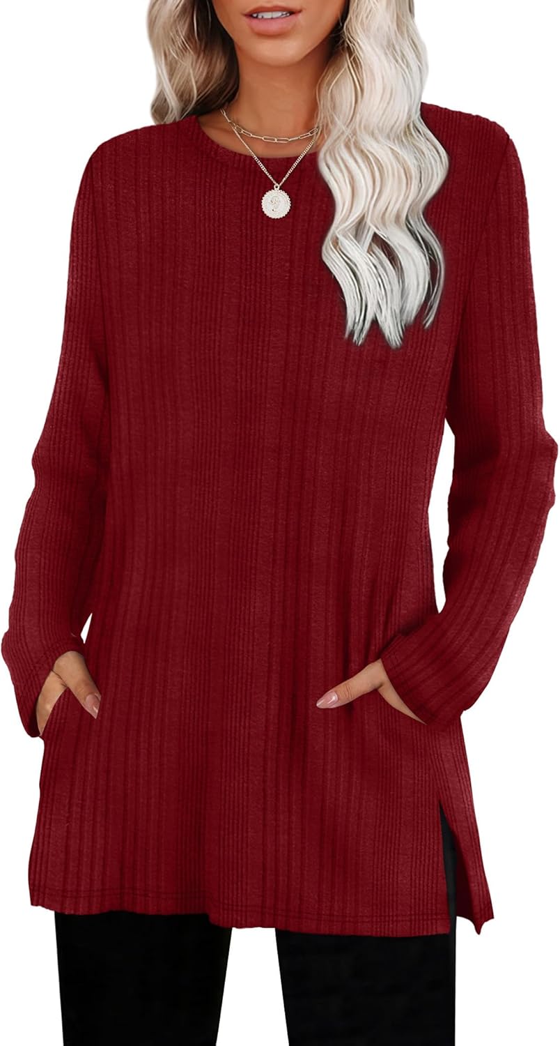 SAMPEEL Womens Sweaters Crewneck Long Sleeve Shirts with Pockets Fall Outfits 2025 Fashion Winter Clothing Side Slit
