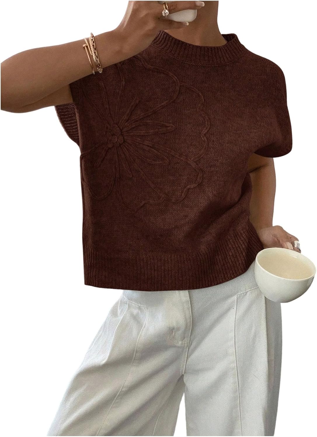 SOLY HUX Women's Ribbed Sweater Crew Neck Short Sleeve Loose Fit Floral Knit Pullover Tops