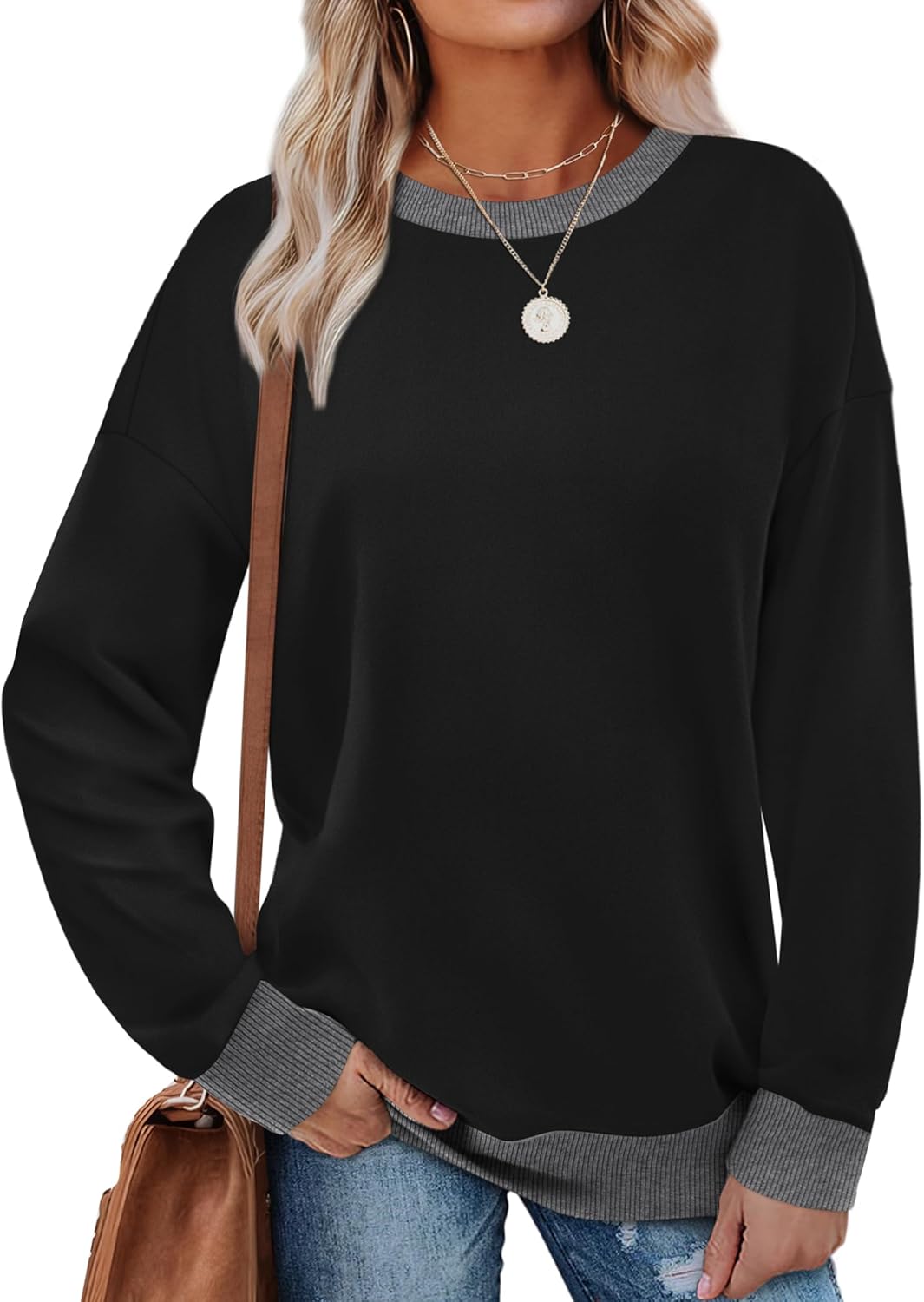 Saloogoe Sweatshirts for Women Crewneck Long Sleeve Loose Fit Tops Color Block Ribbed Trim Fashion 2025