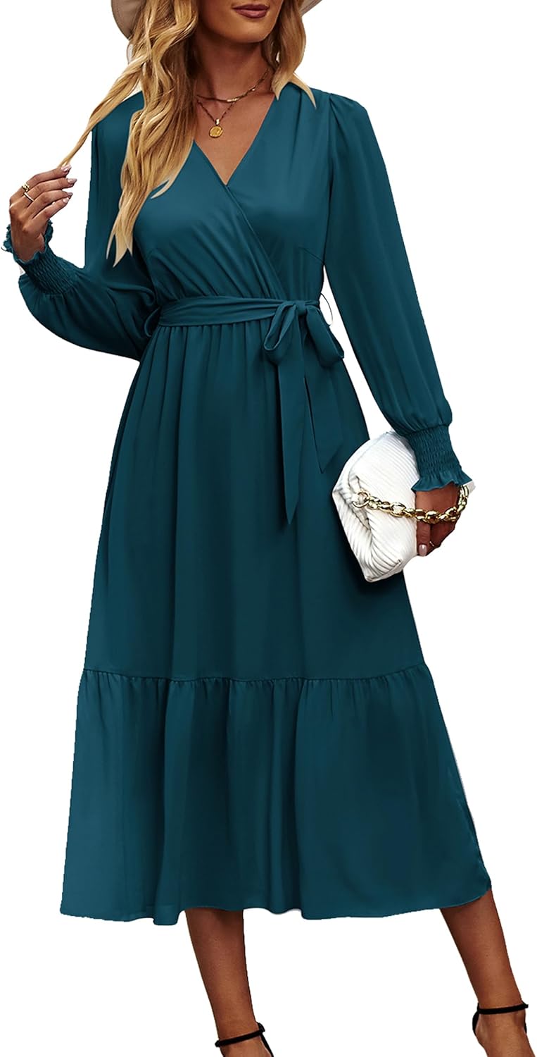 PRETTYGARDEN Women's Floral Boho Dress Fall Long Sleeve Wrap V Neck Ruffle Flowy Maxi Spring Wedding Guest Vacation Dresses