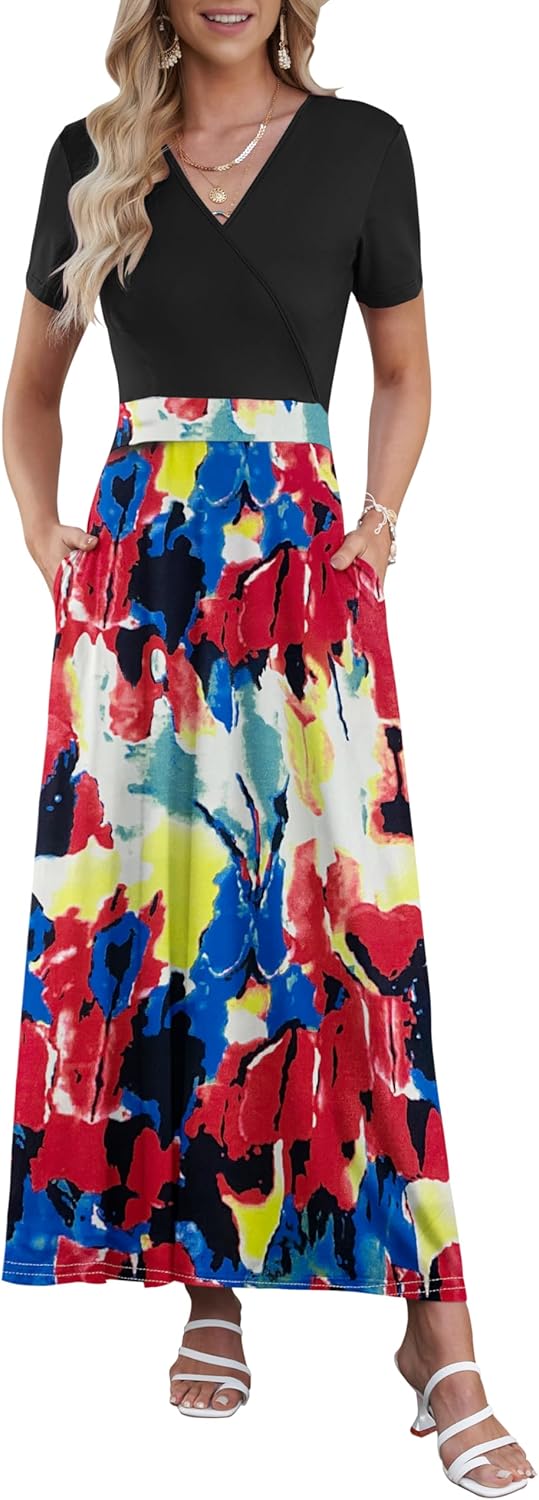 AUSELILY Maxi Dresses for Women Ankle Length Floral Print Beach Long Flowy Dress with Pockets
