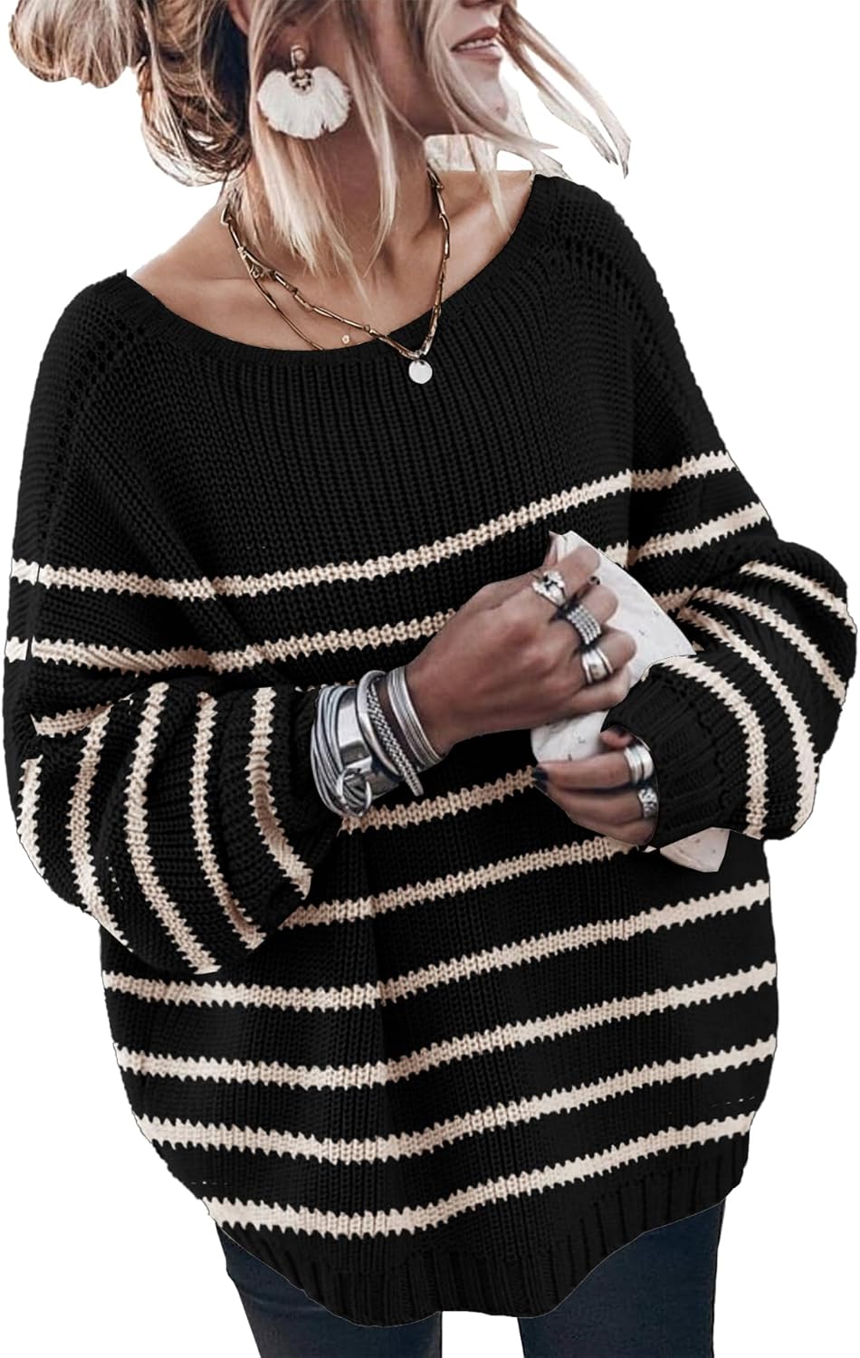 Oversized Sweaters for Women Trendy Chunky Batwing Long Sleeve Casual Crewneck Ribbed Pullover Tunic Sweater