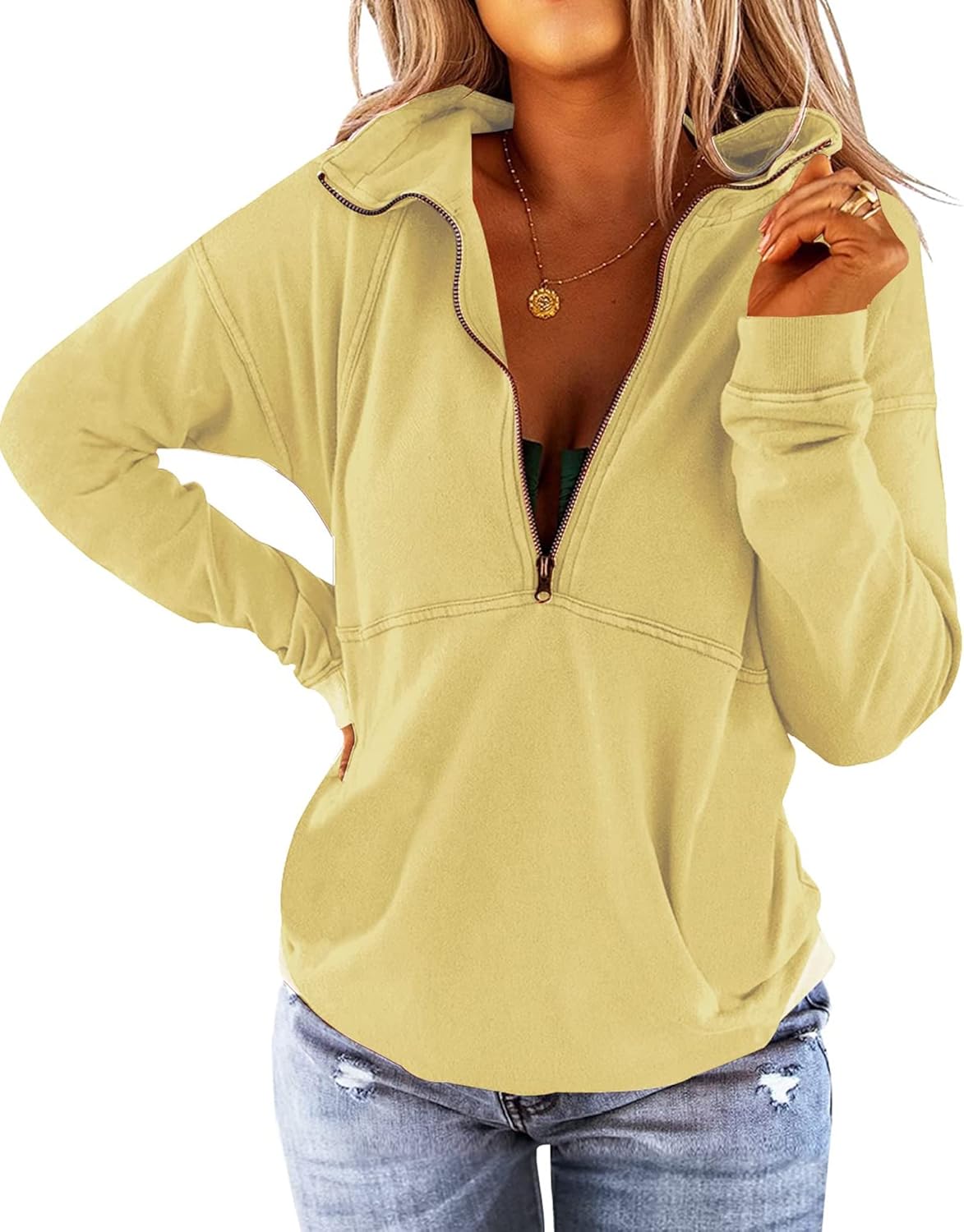 Floral Find Women's Long Sleeve Lapel Half Zip Up Sweatshirt Solid Stylish Loose Fit Casual Pullover Tops