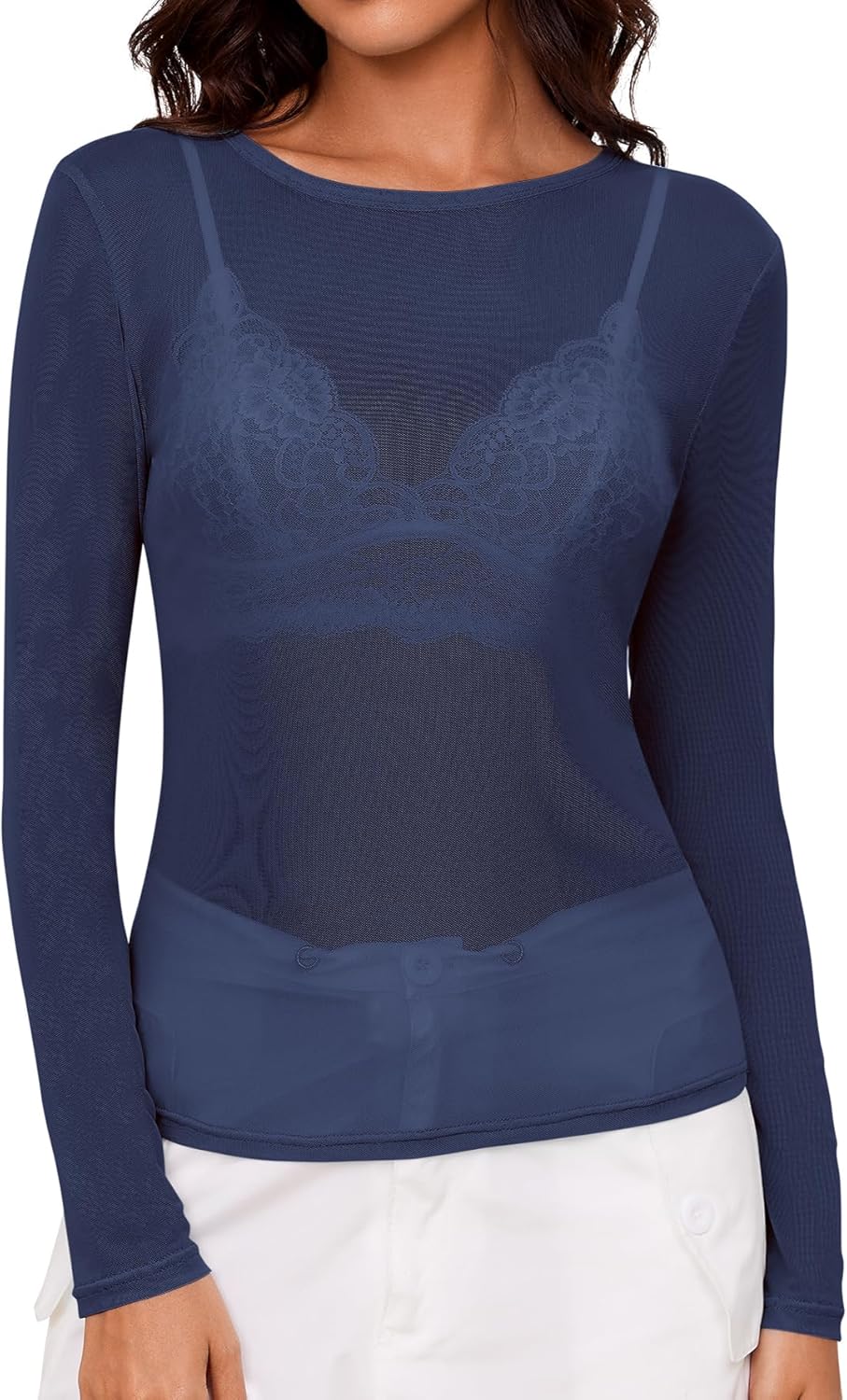 AKEWEI Womens Mesh Long Sleeve Tops Crew Neck Sexy See Through Tee Shirts Party Club Night Lace Blouse