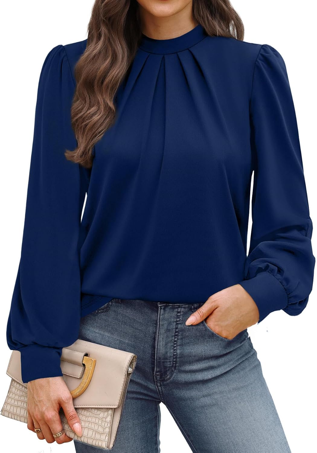 WIHOLL Long Sleeve Shirts for Women Mock Neck Tops Pleated Front Blouses Dressy Casual Fall Clothes 2025 Fashion