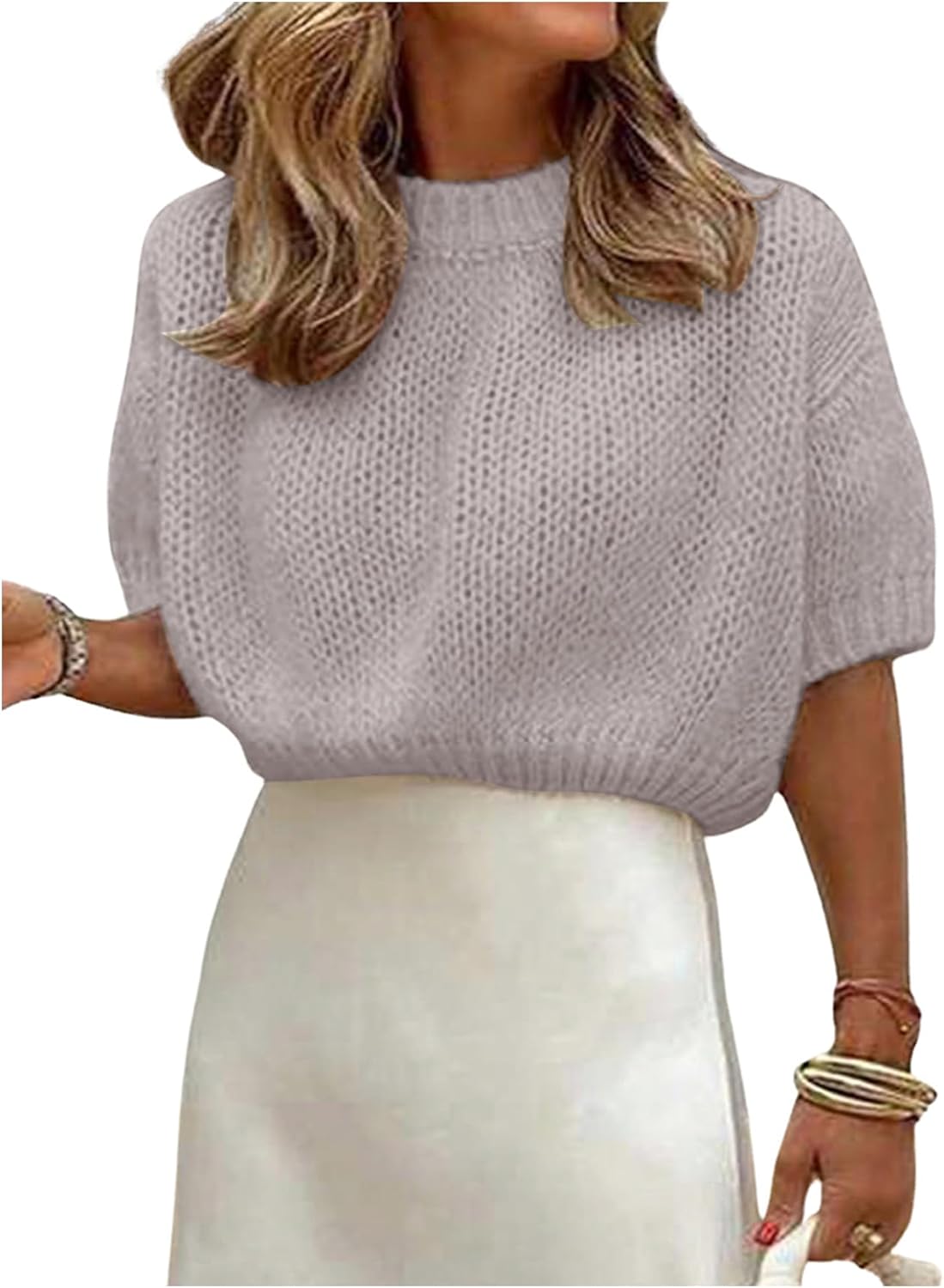 GORGLITTER Women's Puff Sleeve Crewneck Knit Shirt Top Short Sleeve Solid Loose Sweater