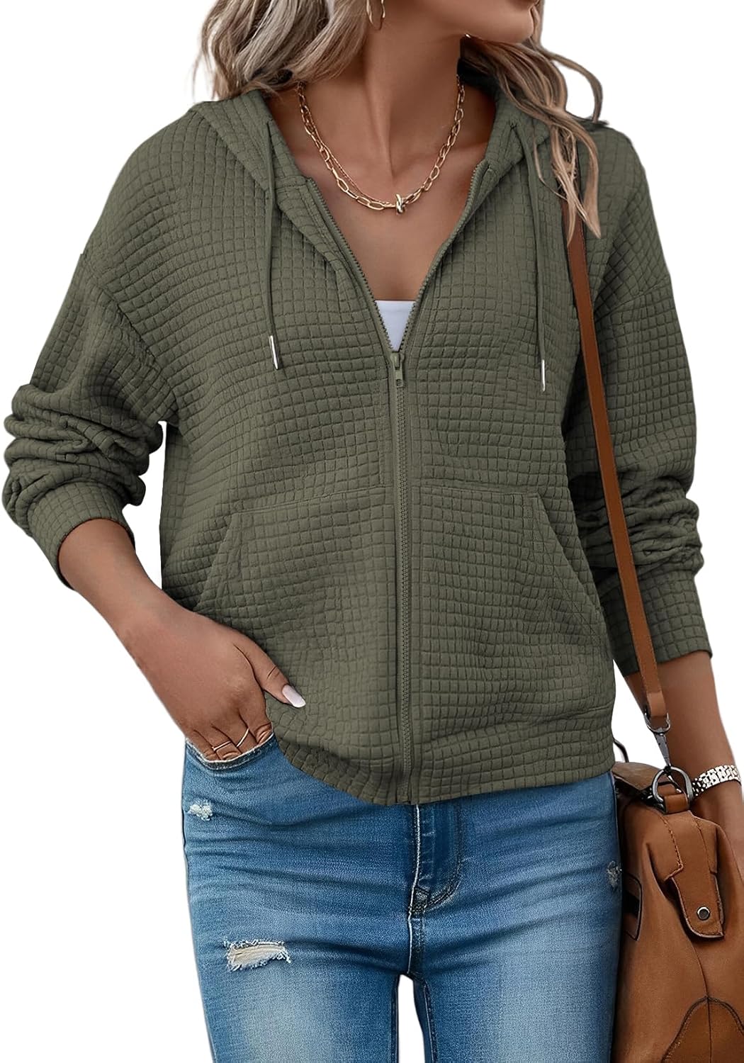 SHEWIN Womens Zip Up Hoodies Oversized Sweatshirt Fall Fashion Outfits 2025 Casual Waffle Hooded Jackets