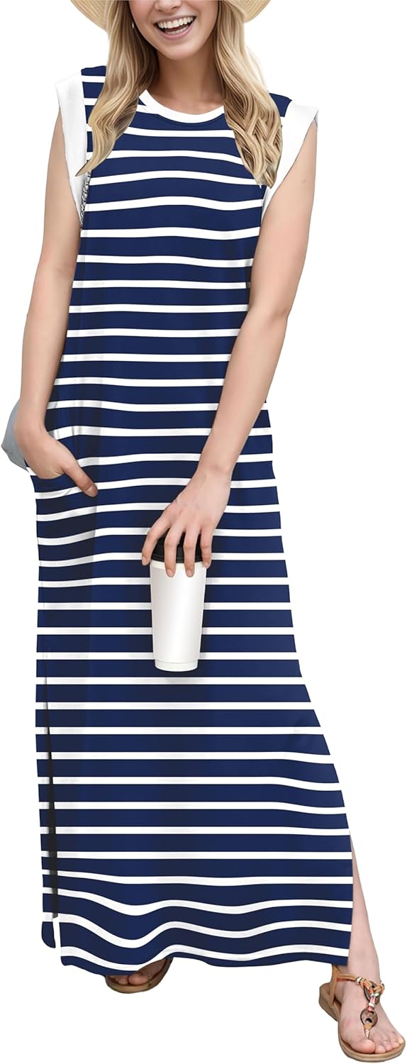 GRECERELLE 2025 Women Year-Round Casual Round Neck Loose Split Wrinkle-Free Long Maxi Vacation Dress with Pockets (XS-3XL)