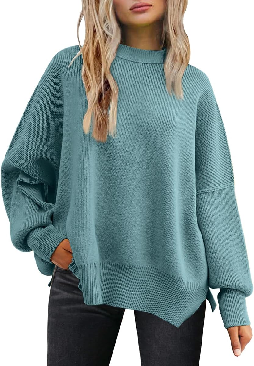 LILLUSORY Women's Oversized Batwing Sweaters 2025 Fall Outfits Trendy Crewneck Knit Side Slit Fashion Pullover Tops