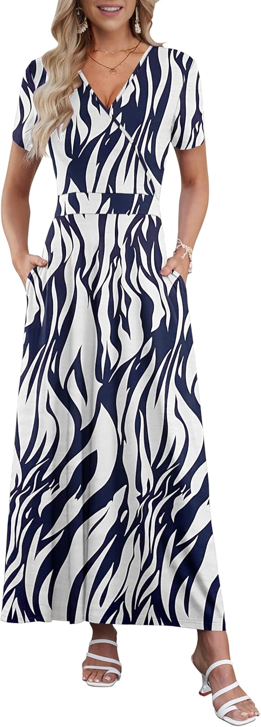 AUSELILY Maxi Dresses for Women Ankle Length Floral Print Beach Long Flowy Dress with Pockets