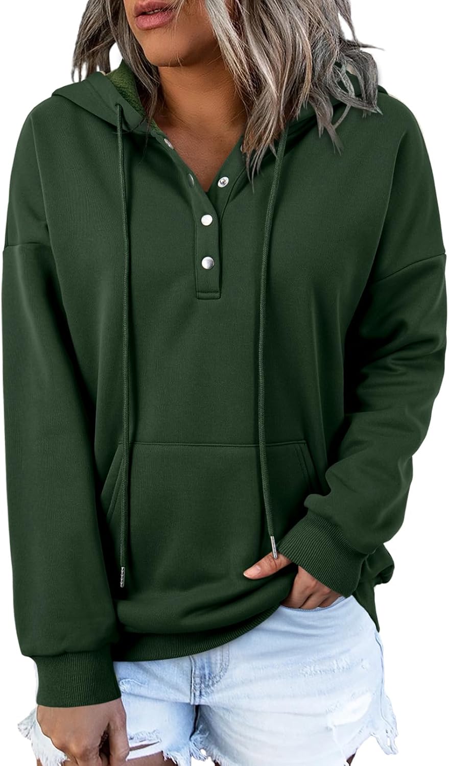 Dokotoo Womens 2025 Hoodies Button Collar Drawstring Hooded Pullover Sweatshirt Casual Long Sleeve Tops Shirts