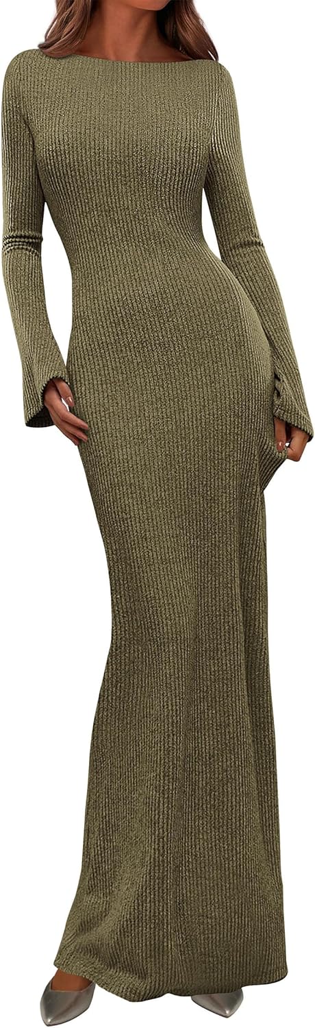 PRETTYGARDEN Women's Fall Fashion 2025 Long Sleeve Maxi Dress Ribbed Knit Boat Neck Bodycon Casual Dresses Going Out Outfits