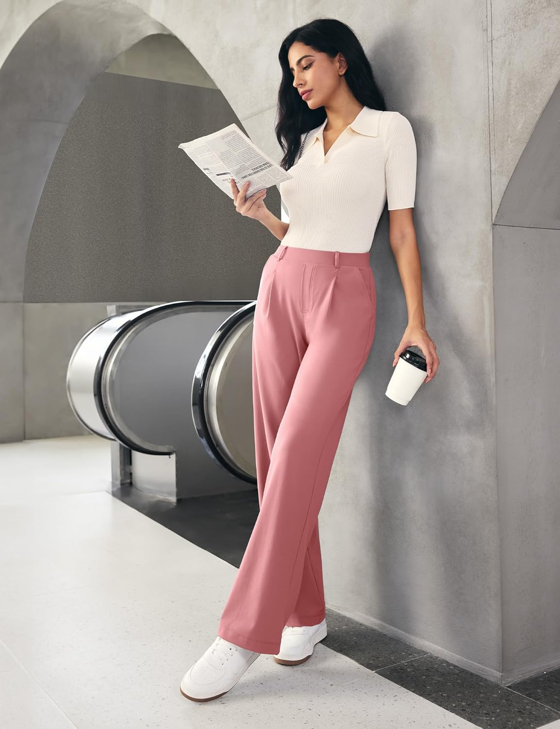 IUGA Womens Dress Pants Wide Leg Pull On Stretchy Work Pants Women High Waisted Business Casual Trousers with Pockets