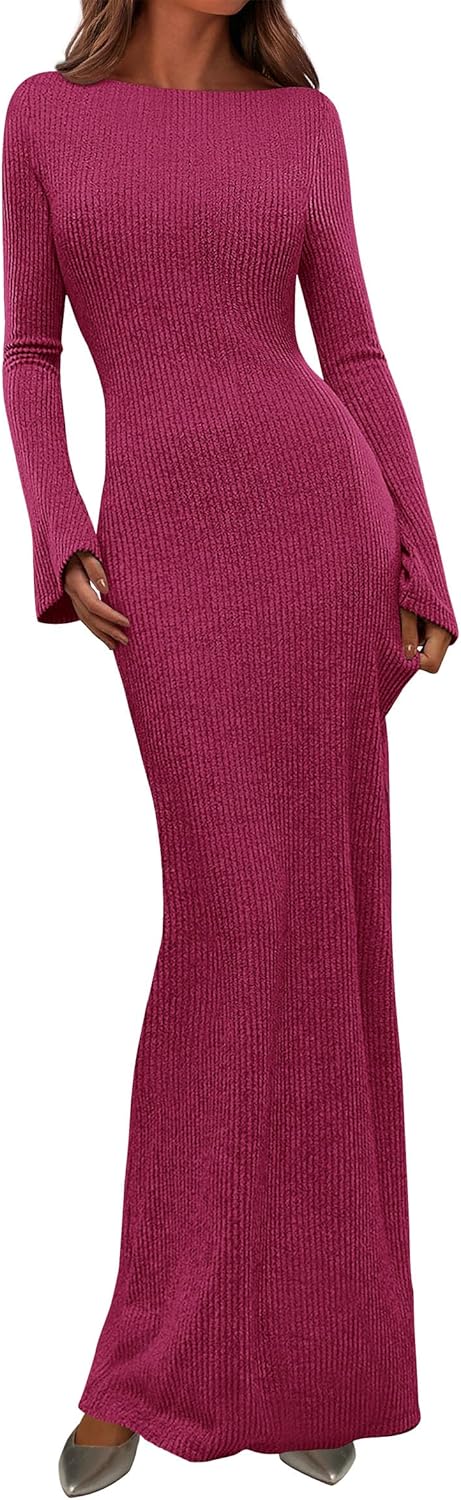 PRETTYGARDEN Women's Fall Fashion 2025 Long Sleeve Maxi Dress Ribbed Knit Boat Neck Bodycon Casual Dresses Going Out Outfits