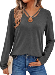 Women's Long Sleeve Tops Keyhole Neck Detail Crew Neck Shirts Ring Cut Out Design Stretchy Tees 2025