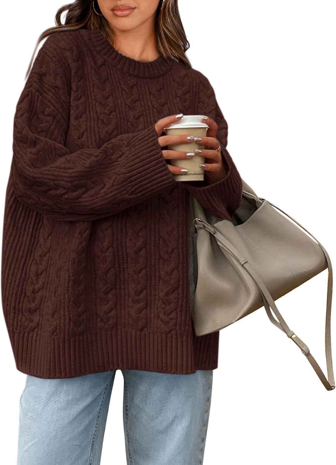 Okiwam Women's Oversized Sweaters Crewneck Cable Knit Pullover Casual Loose Fall Outfits Fashion Clothes 2025