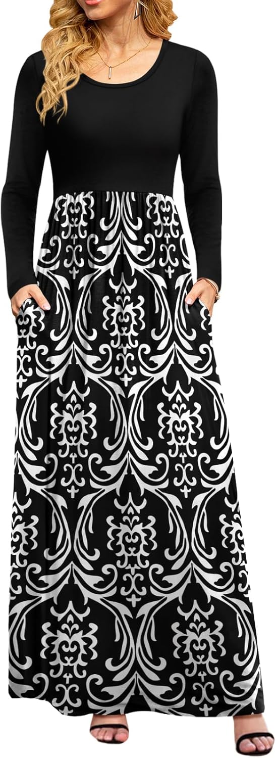 DB MOON Women Casual Long Sleeve Maxi Dresses Empire Waist Long Dress with Pockets