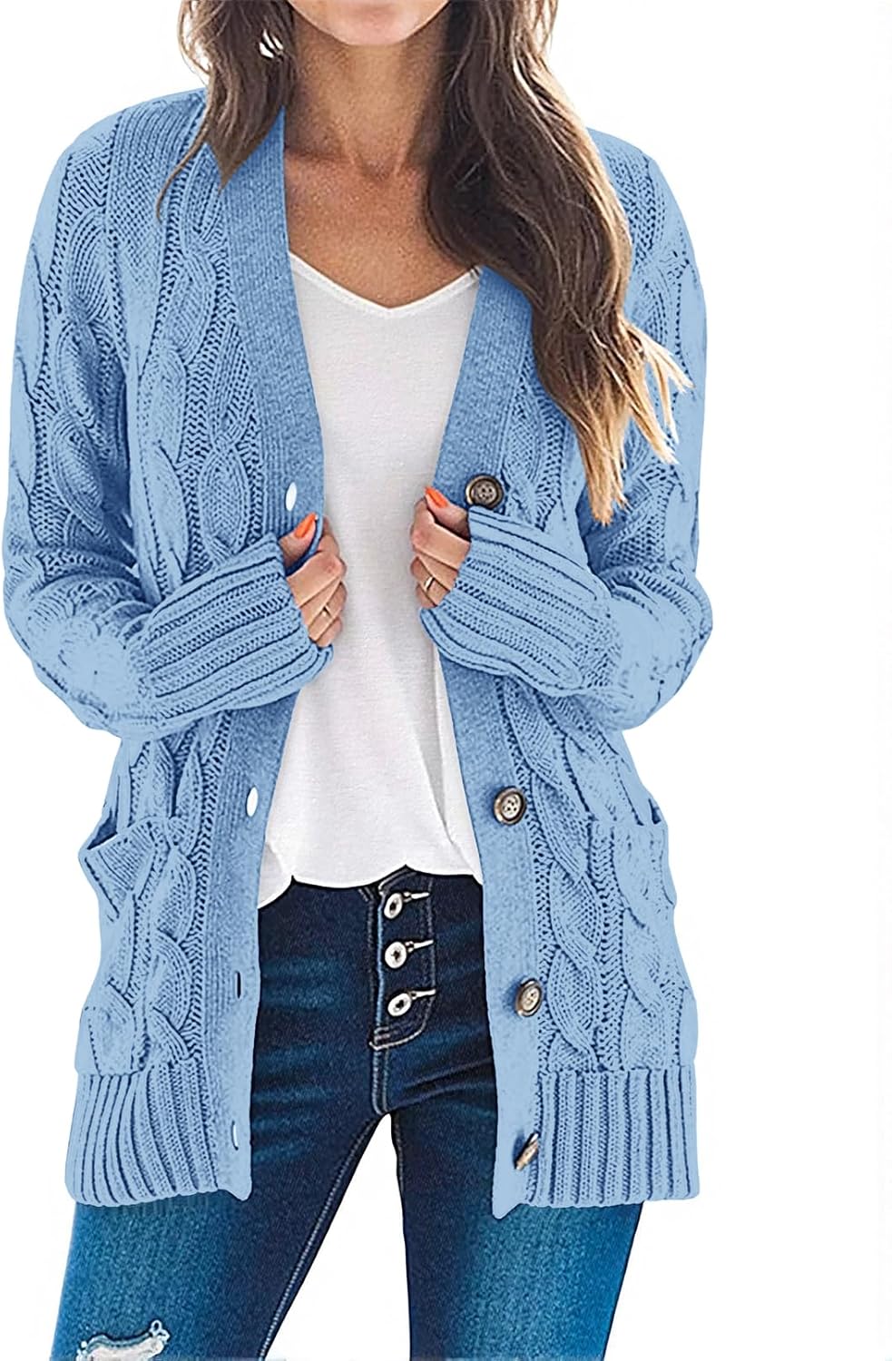 MEROKEETY Women's 2025 Fall Long Sleeve Cable Knit Sweater Open Front Cardigan Button Loose Outerwear