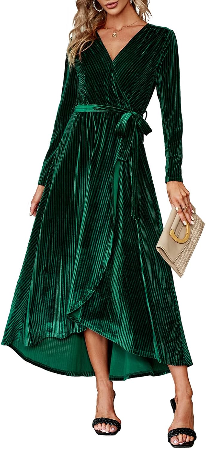 BerryGo Women's Velvet V Neck Wrap Semi Formal Dress Cocktail Party Maxi Dress for Wedding Guest