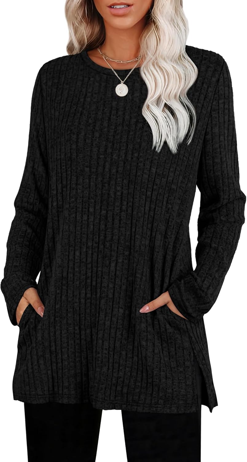 SAMPEEL Womens Sweaters Crewneck Long Sleeve Shirts with Pockets Fall Outfits 2025 Fashion Winter Clothing Side Slit