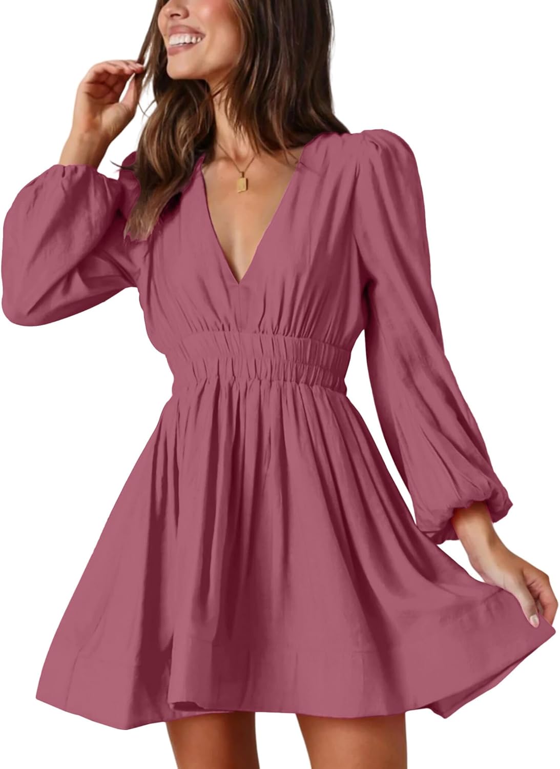 FAIABLE Mini Deep V Sexy Long Sleeve Dress for Women A-line High Waisted Casual Flowy Dress for Cocktail Wedding Guest