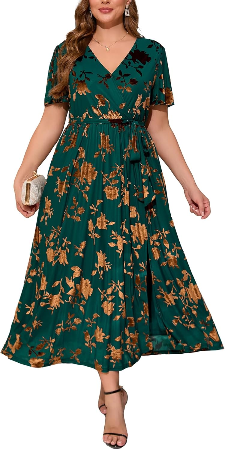 BerryGo Women's Velvet V Neck Wrap Semi Formal Dress Cocktail Party Maxi Dress for Wedding Guest