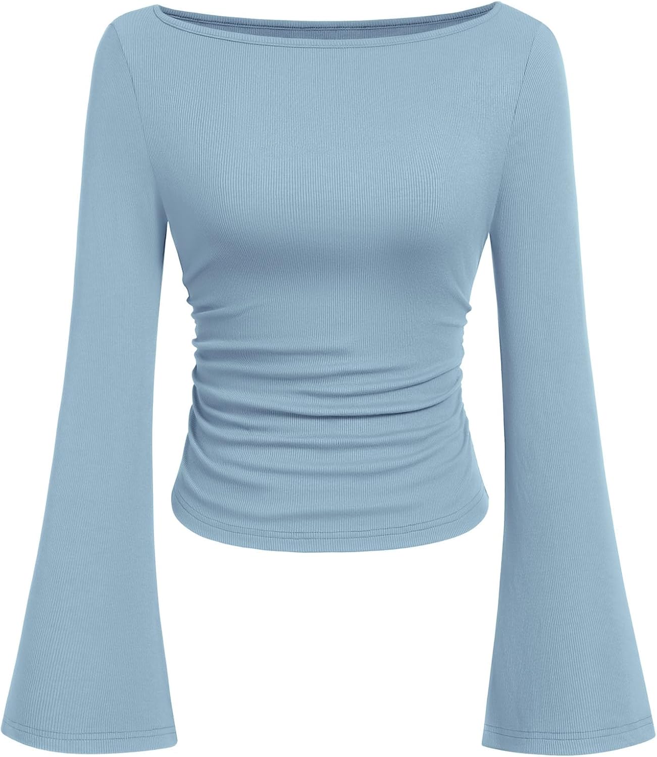 PRETTYGARDEN Women's Long Sleeve Shirts 2025 Fall Crop Going Out Tops Casual Boat Neck Bell Sleeve Ribbed Ruched Y2K Clothes