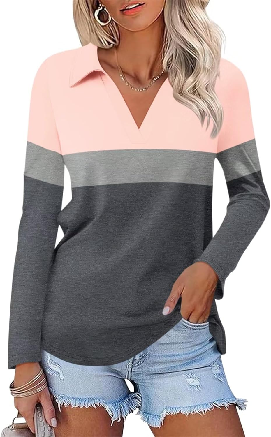 ORANDESIGNE Women's Long Sleeve Polo Shirts Casual Color Block V Neck Tops Fall Collar Ladies Tunics Tees