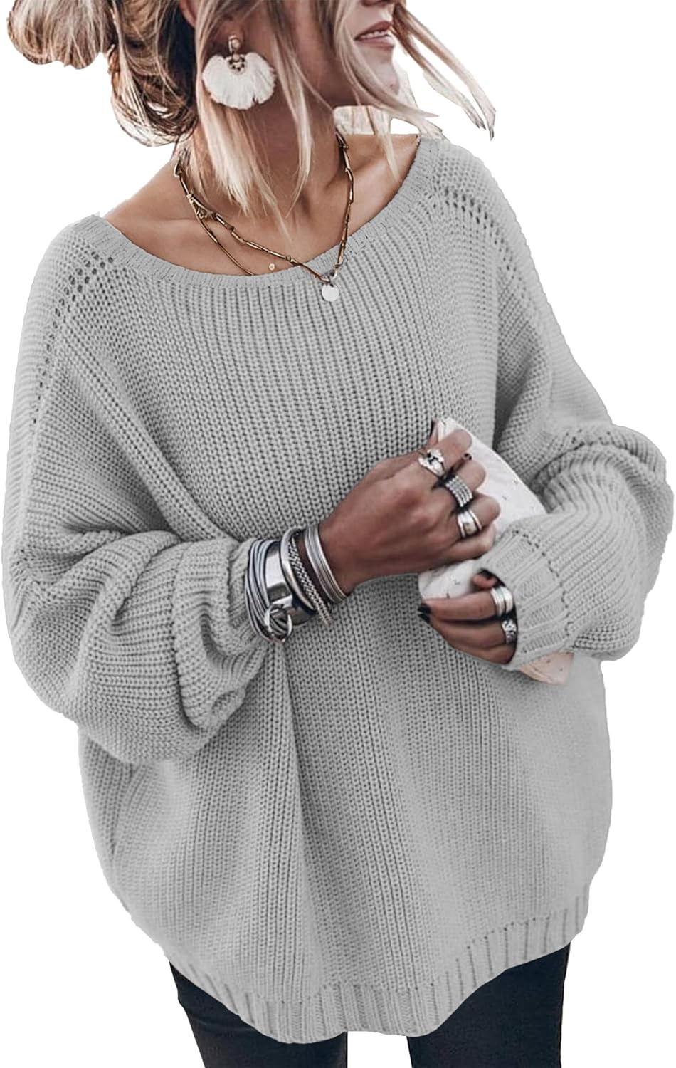 Oversized Sweaters for Women Trendy Chunky Batwing Long Sleeve Casual Crewneck Ribbed Pullover Tunic Sweater