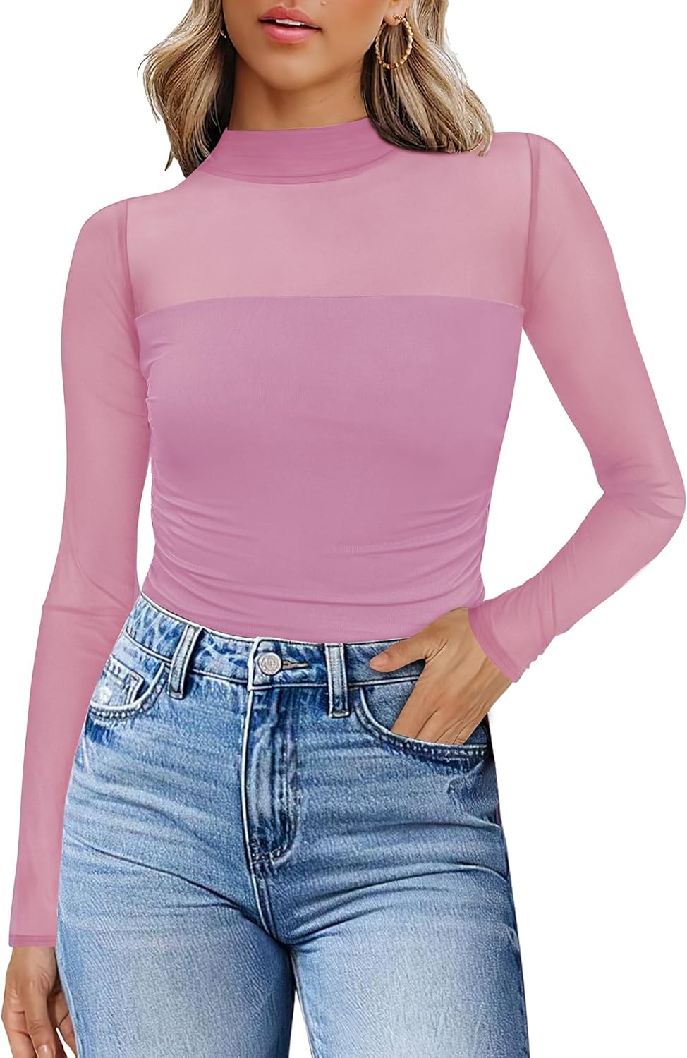 Womens Sexy Mesh Long Sleeve Shirts Fashion Clothing Turtle Necks Sheer Ruched Going Out Tops Fall Outfits Slim Fit Blouses