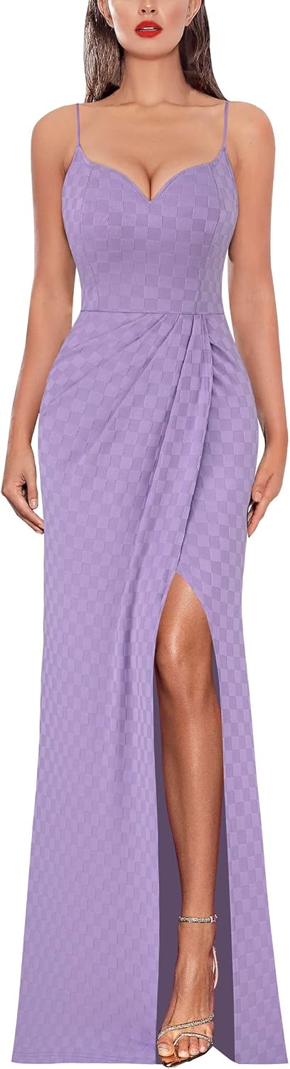 VFSHOW Womens Sexy Formal Ruched Fitted High Slit Bodycon Maxi Dress Spaghetti Strap Sweetheart Cocktail Prom Evening Gown