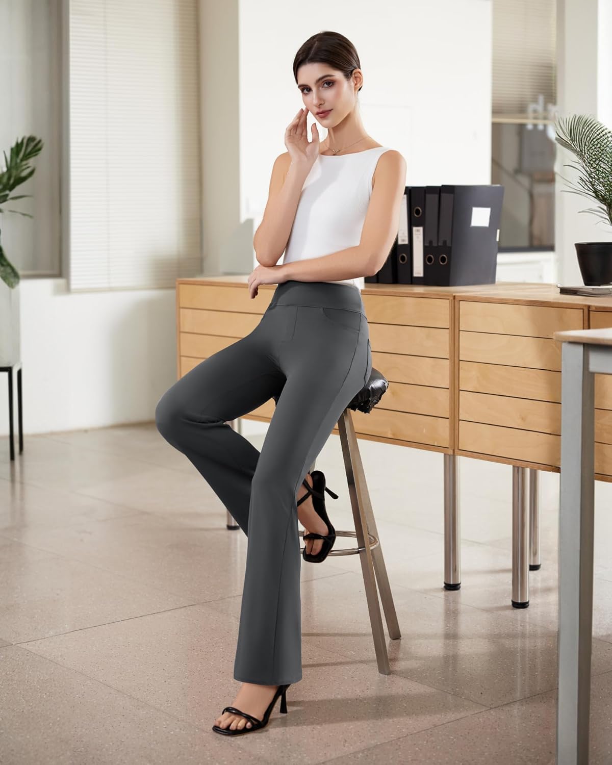 Womens Dress Pants Stretchy Work Pants Business Casual Office Trousers Pull On Flare Slacks with 4 Pockets