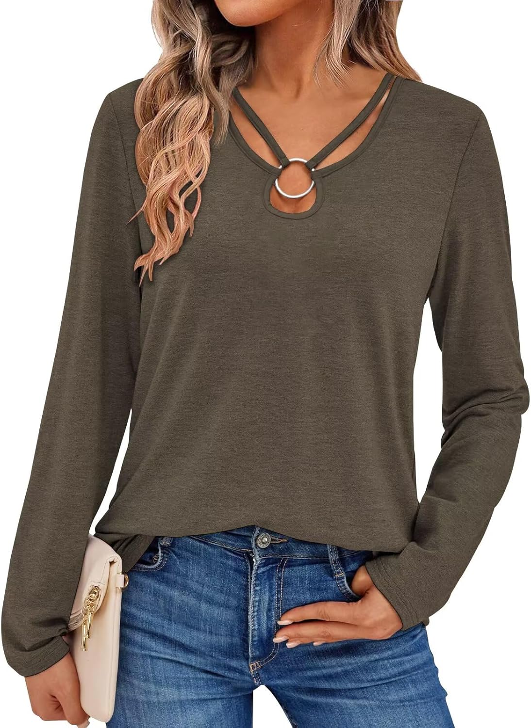 Women's Long Sleeve Tops Keyhole Neck Detail Crew Neck Shirts Ring Cut Out Design Stretchy Tees 2025