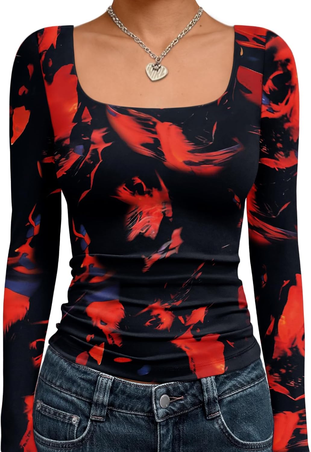 Trendy Queen Womens Long Sleeve Shirts Crop Tops Fall Fashion 2025 Square Neck Going Out Basics Tees Y2k Clothes