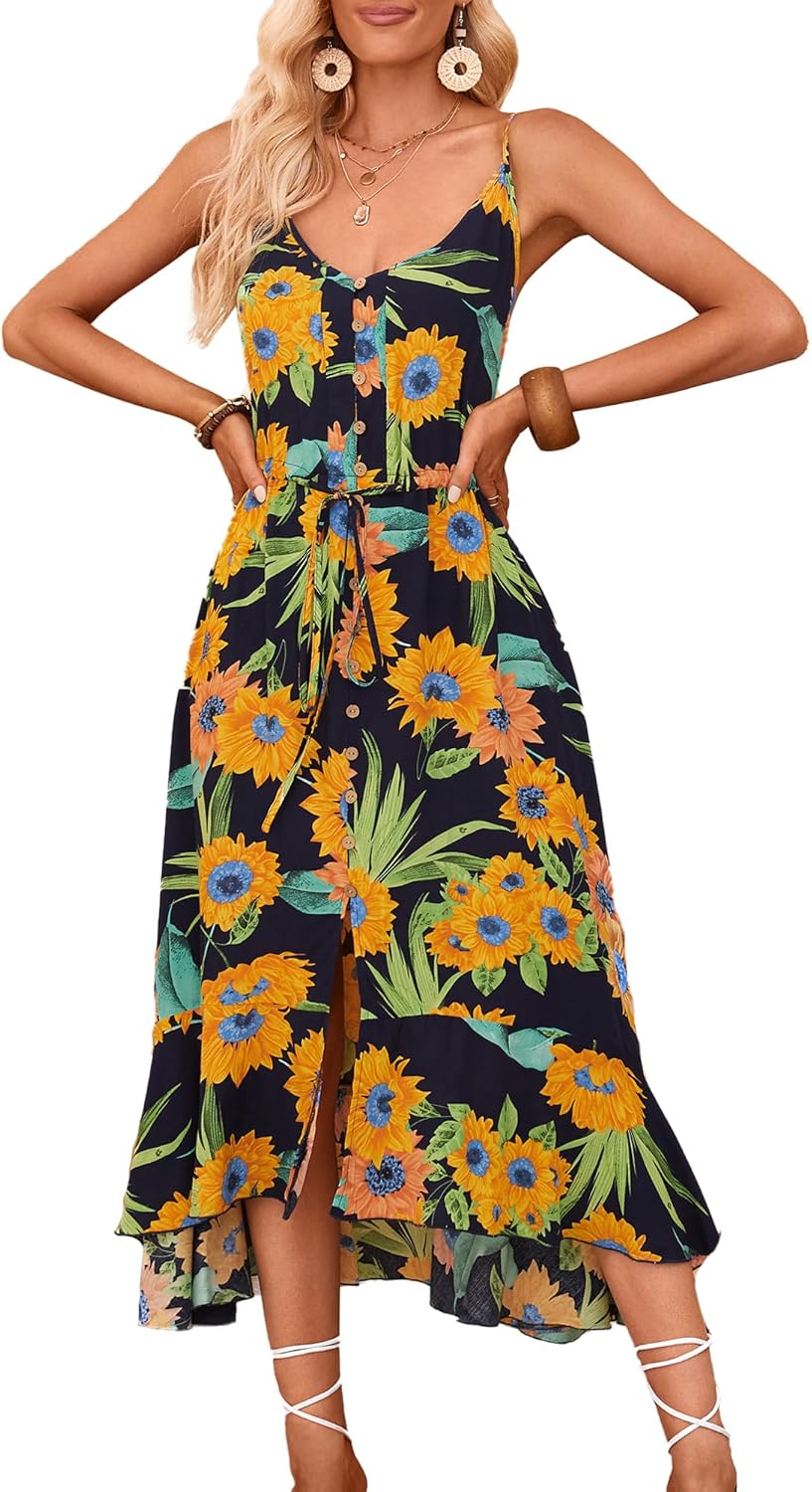 BROVAVE Women's 2025 Summer Casual Boho Sundress Polka Dot Spaghetti Strap V Neck Flowy Midi Dresses