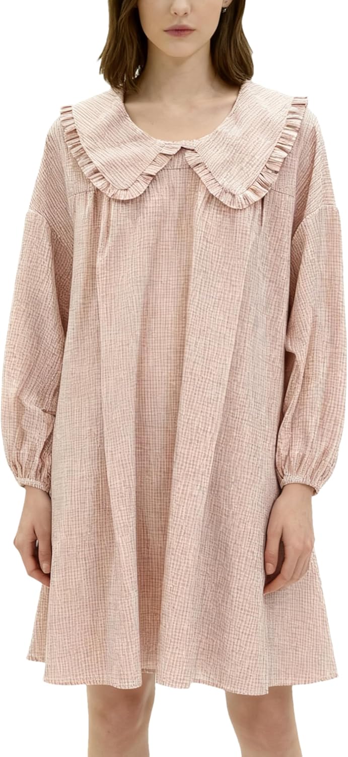 2025 Women's Babydoll 3/4 Puff Sleeve Plaid Mini Dress Lapel Doll Collar Loose Y2k Dress