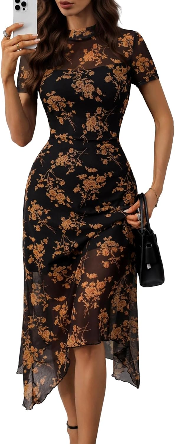GothDark Women's 2025 Summer Floral Print Vintage Goth Dress Mesh Spliced Double-Layered Irregular Hemline Midi Dress