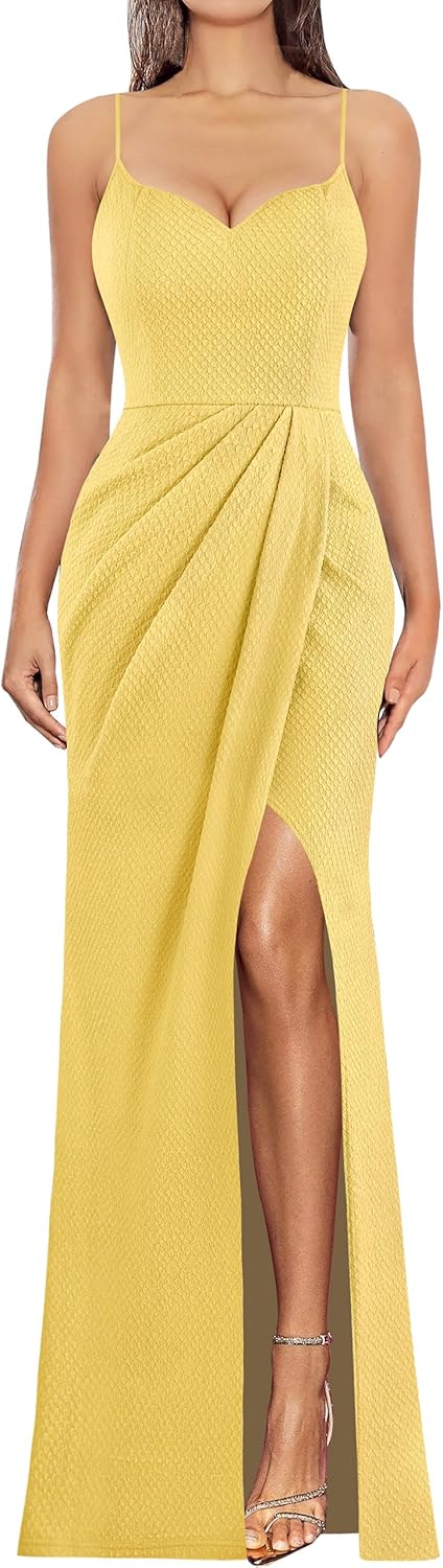 VFSHOW Womens Sexy Formal Ruched Fitted High Slit Bodycon Maxi Dress Spaghetti Strap Sweetheart Cocktail Prom Evening Gown