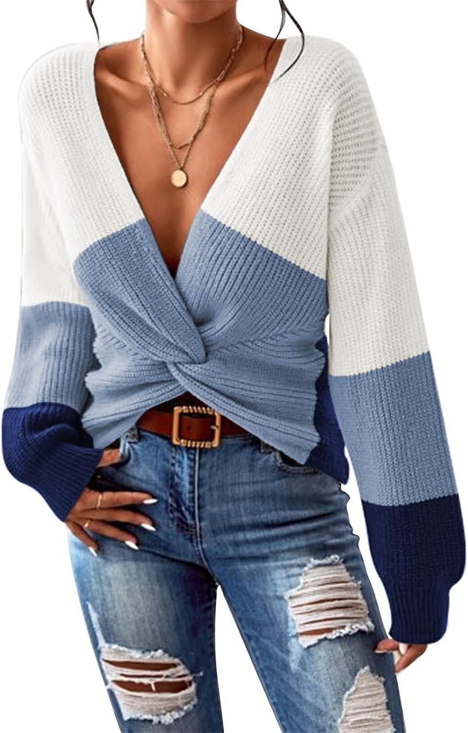 Pink Queen Women's 2025 Casual Pullover Sweaters Sexy V Neck Long Sleeve Twist Knot Cropped Knit Sweater Tops