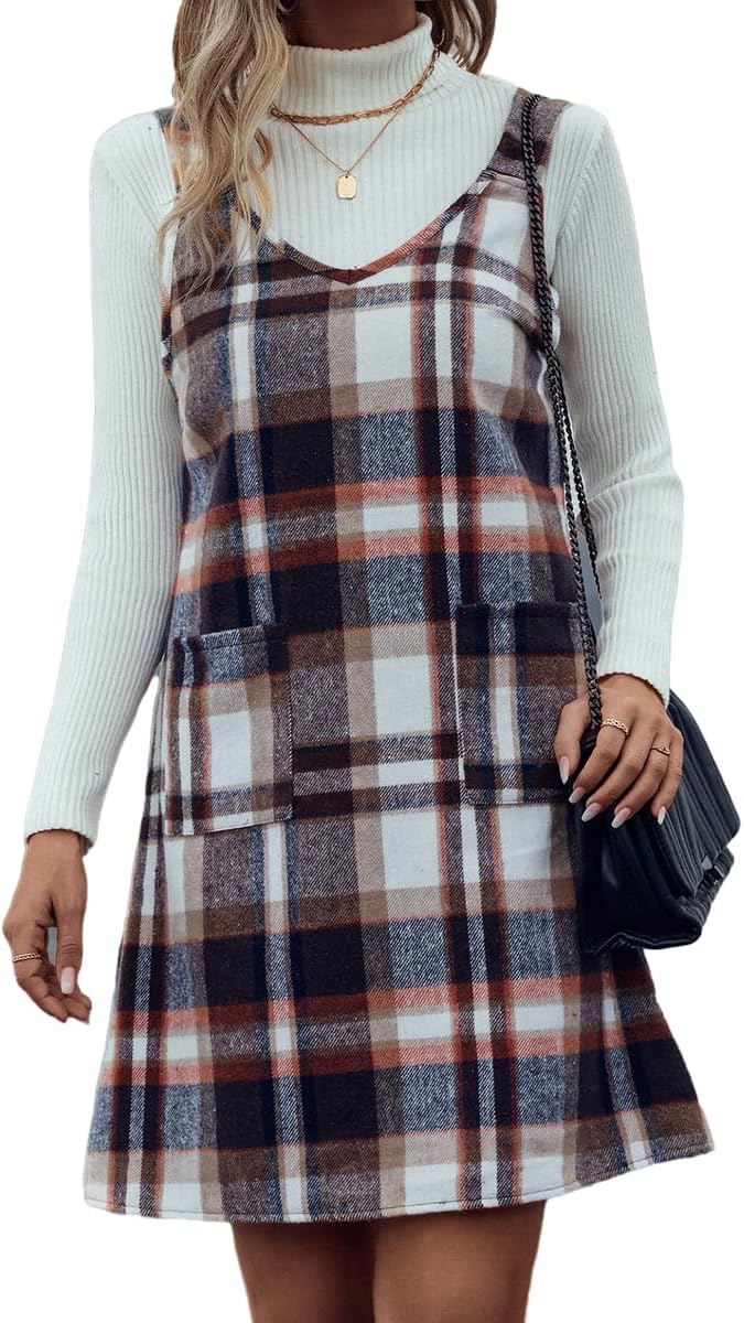 IDEALSANXUN Plaid Overall Dress for Women Fall Winter Sleeveless Plaid Dresses with Pockets