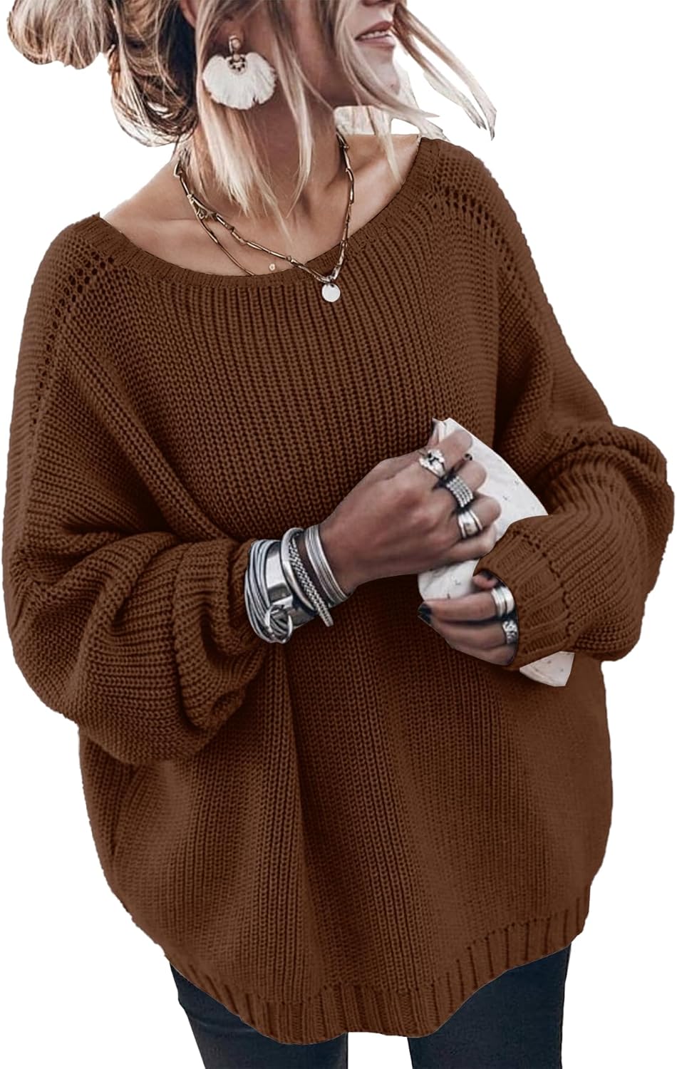 Oversized Sweaters for Women Trendy Chunky Batwing Long Sleeve Casual Crewneck Ribbed Pullover Tunic Sweater