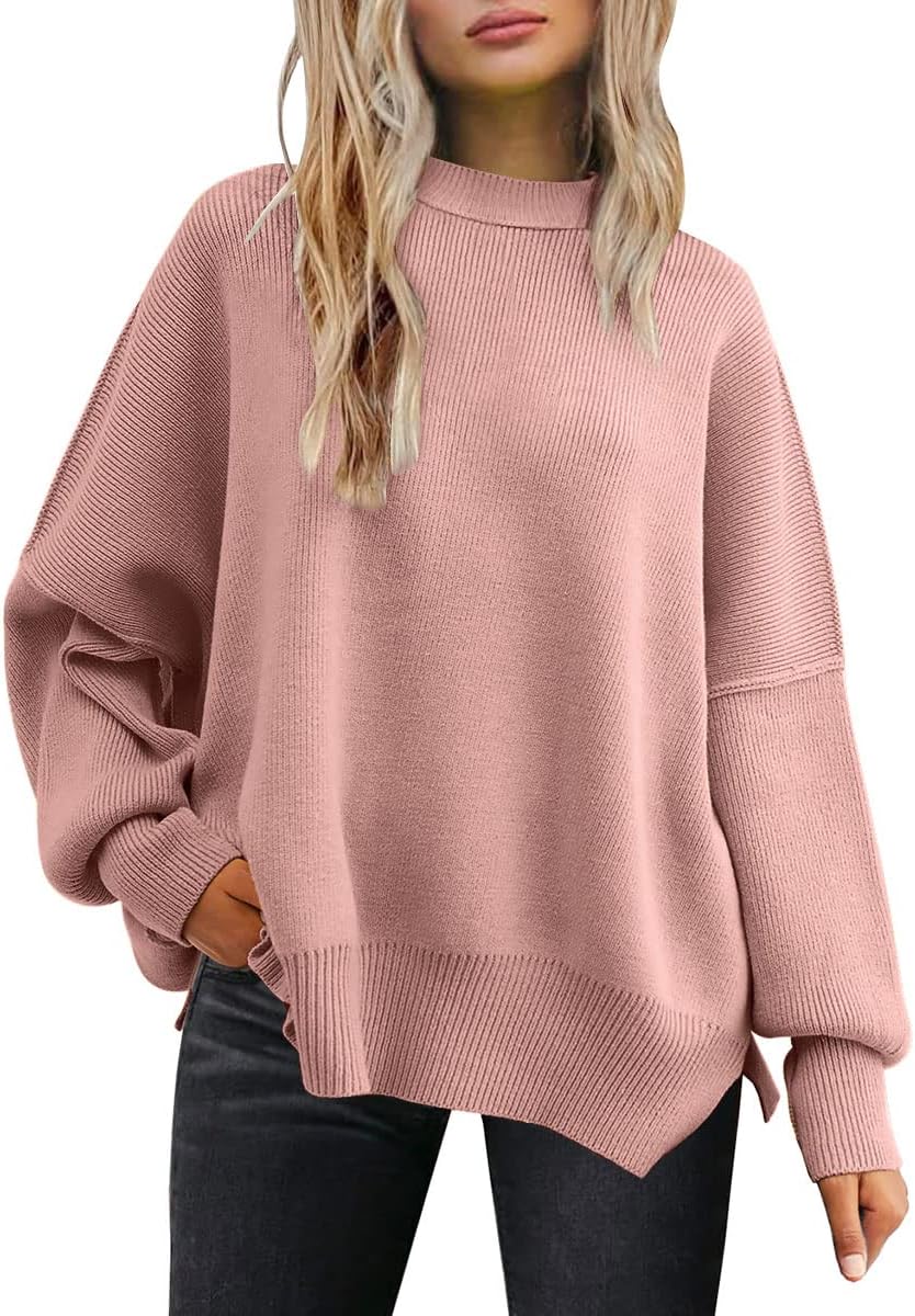 LILLUSORY Women's Oversized Batwing Sweaters 2025 Fall Outfits Trendy Crewneck Knit Side Slit Fashion Pullover Tops