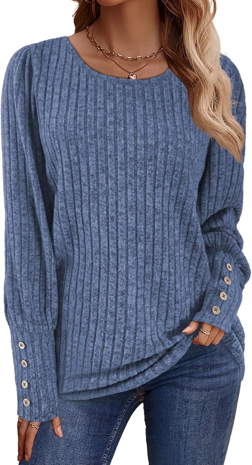 Lylinan Womens Ribbed Knit Long Sleeve Tops Casual Button Cuff Pullover Sweaters Blouses S-XXL
