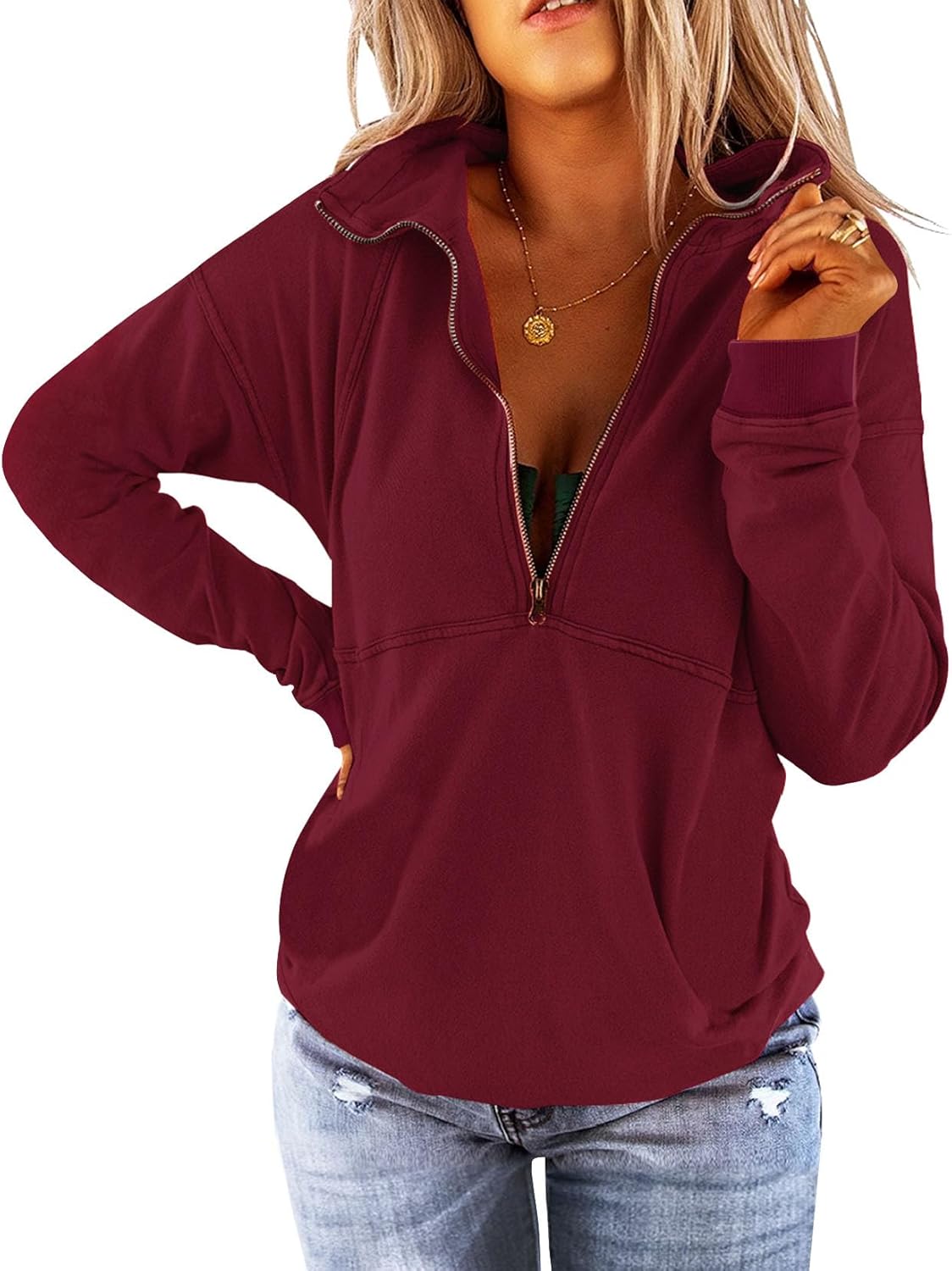 Floral Find Women's Long Sleeve Lapel Half Zip Up Sweatshirt Solid Stylish Loose Fit Casual Pullover Tops