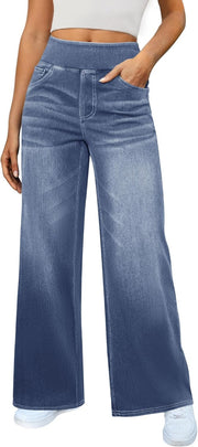 Women's Wide Leg Jeans High Waisted Stretchy Denim Pants Elastic Waist Pull On Sweatpant Jeans Trendy Baggy Loose