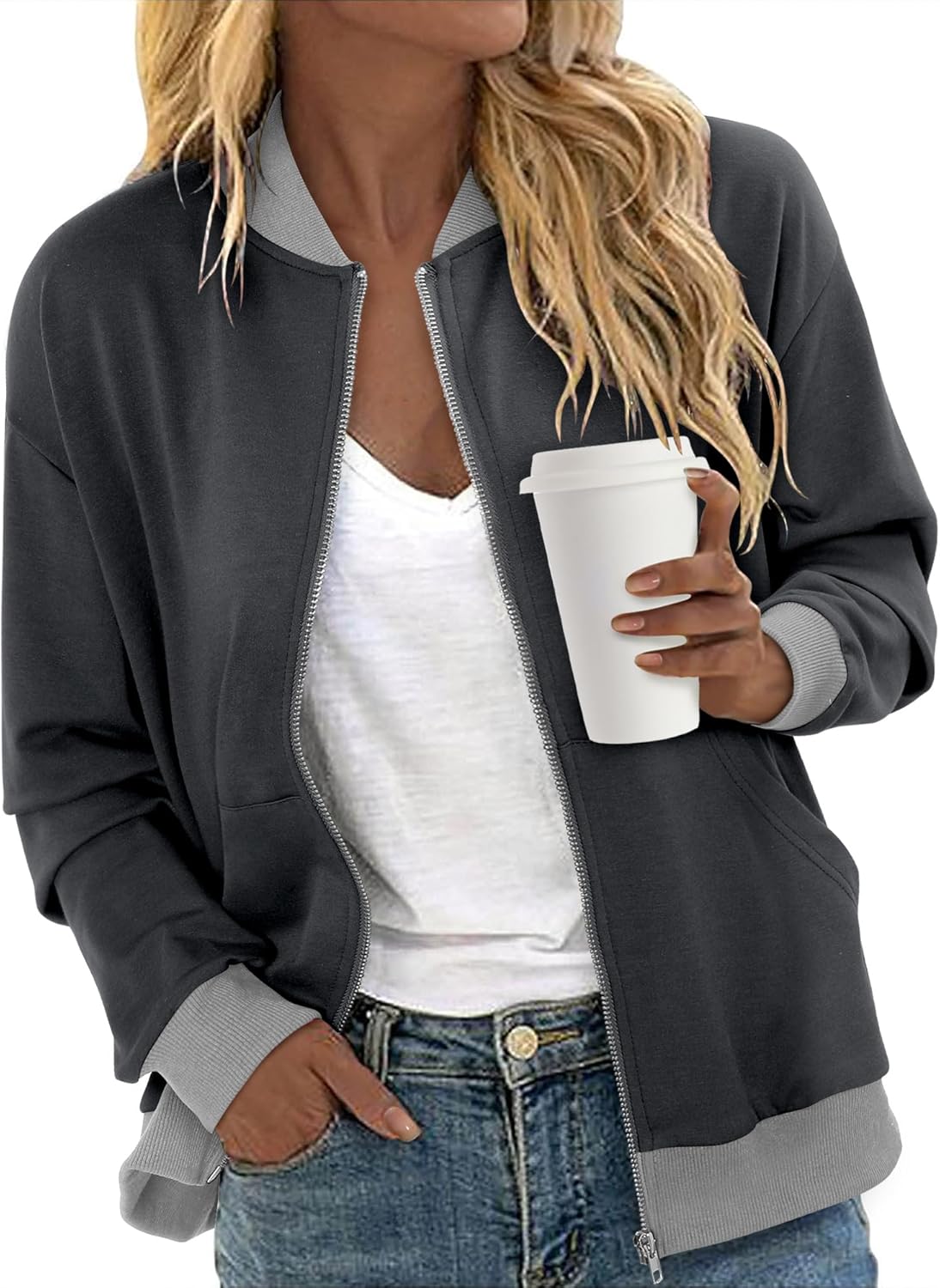 CRAZY GRID Women's Zip Up Jacket Casual Long Sleeve Sweatshirts Fall Coat Outerwear Windbreaker with Pockets S-XXL