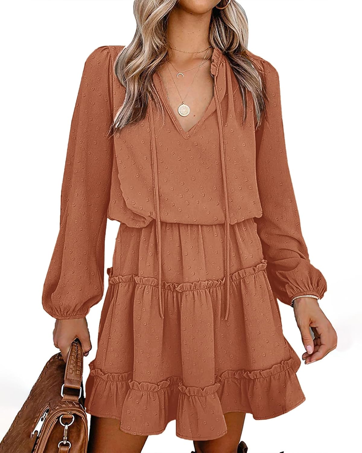 BTFBM Long Sleeve Fall Dresses for Women 2025 Summer Casual Tie Neck Ruffle Tiered A Line Wedding Guest Short Mini Dress
