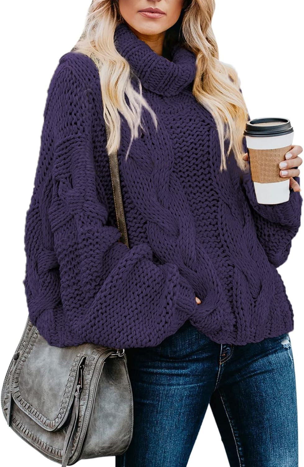 Dokotoo Womens 2025 Winter Fall Solid Turtleneck High Neck Balloon Long Sleeve Sweaters Pullover Outerwear