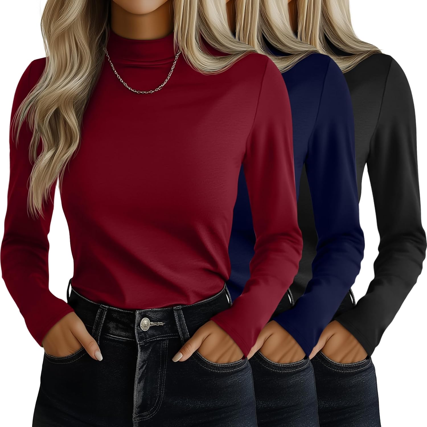 Ficerd 3 Pack Women's Mock Turtleneck Shirts, Long Sleeve Mock Neck Pullover Tops Slim Fitted Stretch Undershirt Tee Blouse